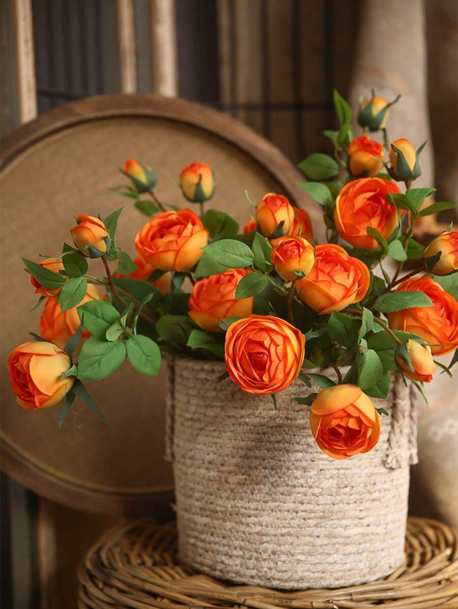 1 pièce Fleur artificielle réaliste en PU ressemblant à de la soie avec 4 fausses roses roses et blanches - Décoration de maison de style ferme moderne pour mariage, Pâques, fournitures de fête de printemps - Décoration de chambre, salon, jardin et mur de style vintage pour l'automne
