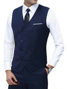 Bộ vest công sở nam 3 món, gồm áo khoác blazer hai hàng khuy, áo vest và quần dài, màu trơn, dáng ôm, chất liệu co giãn, trang phục dự tiệc/làm việc trang trọng - Màu xanh hải quân - Xem 4