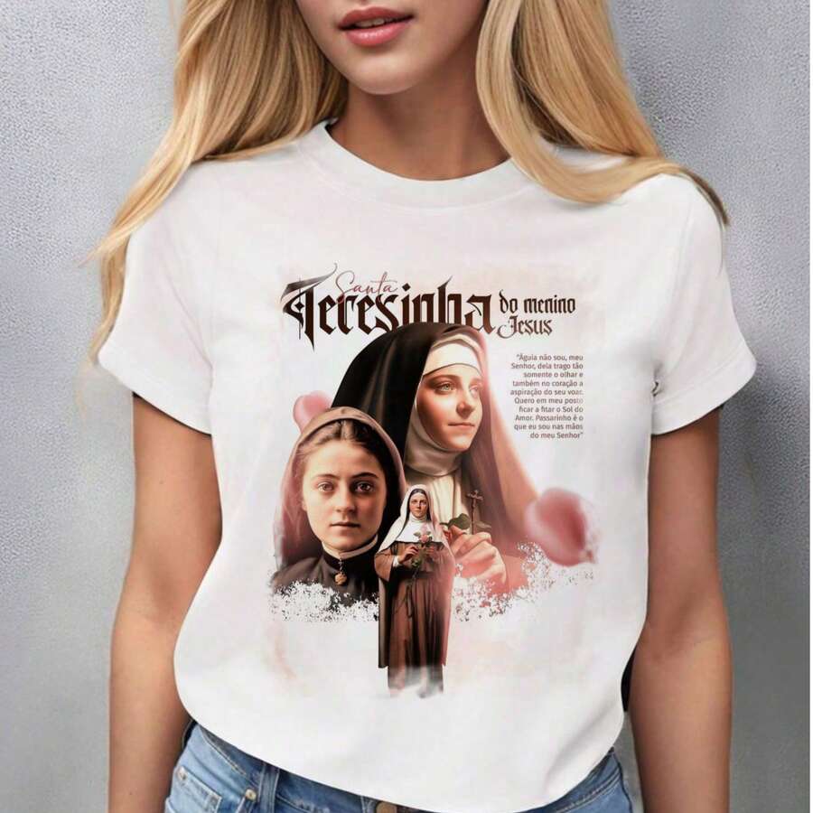 Women's T-Shirt Blouse, Casual Fashion, Christian, Catholic, Saint Therese Of The Child Jesus, Colorful, Plus Size Fashion, Summer 2025 - 白色 - 查看 1