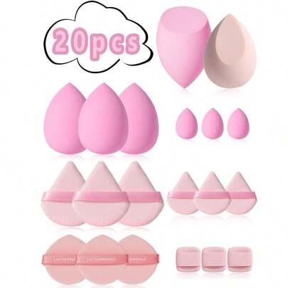 20pcs Makeup Sponge Set, Facial Makeup Tools, Dry & Wet Foundation Makeup Sponges, Including 5 Water Drop Shaped Makeup Sponges, 3 Mini Water Drop Egg Sponges, 6 Triangle Powder Puffs, 3 Air Cushion Puffs, 3 Square Thumb Puffs, Multiple Colors Available. Suitable For Makeup, Affordable, Room Decor, Vanity, Travel, Bedroom, Makeup Accessories, Powder Puff, Makeup Blender, Loose Powder Puff, Makeup Sponge.
