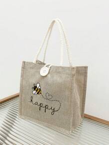 Bolsa feminina multifuncional com pequena bolsa de cosméticos, estampa fofa com abelhas e corações, bolsa grande e bolsa pequena, bolsa de linho, bolsa de armazenamento, sacola de compras com design de letras em estilo festivo, adequada para casamentos, aniversários, praias e feriados, bolsa de linho, bolsa de presente para o dia do professor, bolsa de armazenamento portátil leve e dobrável, bolsa simples, enfermeira, médica, bolsa de armazenamento de agradecimento ao professor, adequada para presente de mãe, cosméticos de viagem pessoal, sacola de compras