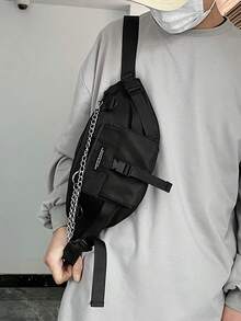 Men's Casual Letter Pattern Chest Bag With Chain - Black - View 5
