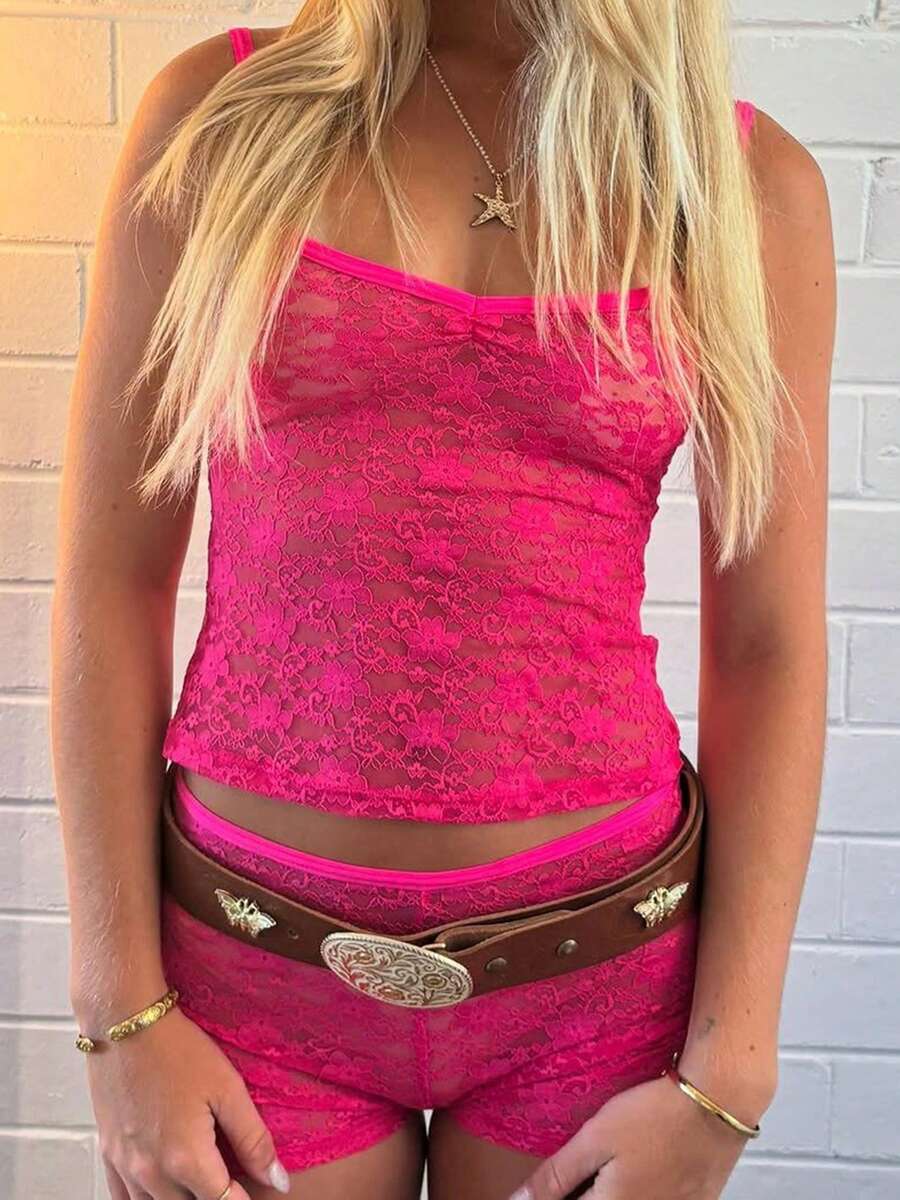 Women Lace Shorts Set 2 Piece Outfits See-Through Floral Lace Crop Camisole And Elastic Shorts For Summer Holiday Beachwear - 玫紅色 - 查看 1