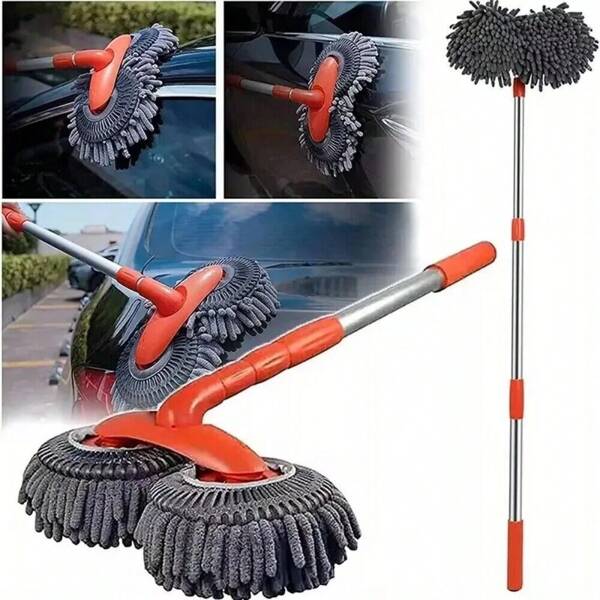 Car Wash Mop With Long Handle, Telescopic Rotating Car Mop, Car Wash Brush Car Cleaning Brush Tool, Double Head Windshield Cleaner Caravan Accessories For Car Washing/Mopping/Glass Cleaning