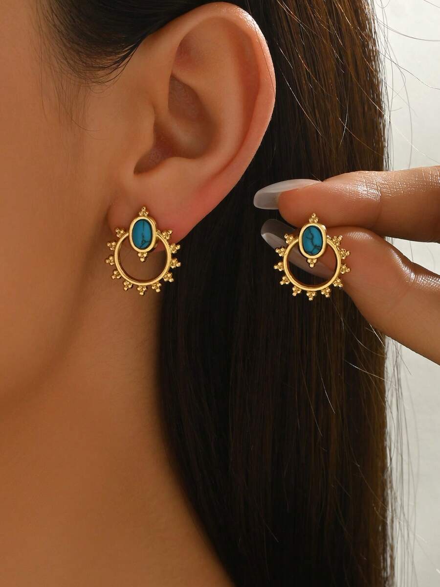 1 Pair Fashionable, Exquisite, And Elegant Hoop Earrings Inlaid With Blue And Green Gemstones, Unique Design With Exotic Charm And Classic Elegance, Suitable For Daily Wear - Yellow Gold - View 1