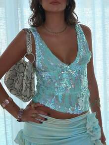 Women Y2K Sequin Tank Top Sparkly Sleeveless Deep V Neck Slim Fit Cami Crop Top Summer Backless Glitter Camisole Vests Shirts Party Club Going Out Tops Rave Outfits - màu xanh lá - Xem 1