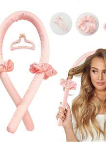 4pcs/Set Heatless Curling Rod Headband, Heatless Hair Curler No Heat Hair Curlers To Sleep In Curl Ribbon With Scrunchies Hair Clips Overnight Hair Curlers Hair Roller For Women Long Hair Styling Tools (Pink)