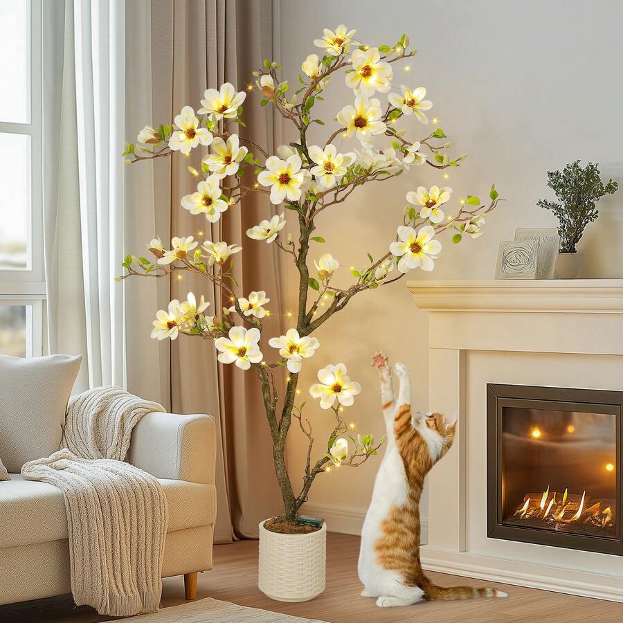 Artificial Magnolia Tree - Indoor Simulation Tree With Realistic Leaves & Flowers - Perfect For Interior Decoration, Living Room, Doorway, Office & Hotel (White) - 6FT(with Lights) - View 1