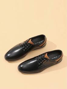 Men's Casual Dress Shoes - Leather Lace-Up With Color-Block Design For Daily & Business - Black - View 6