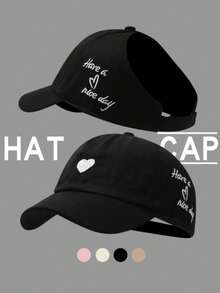 قبعة بيسبول بفتحة لذيل الحصان مطرّزة بالقلب ، قبعة شمسية متعددة الاستخدامات للصيف قطعة واحدة