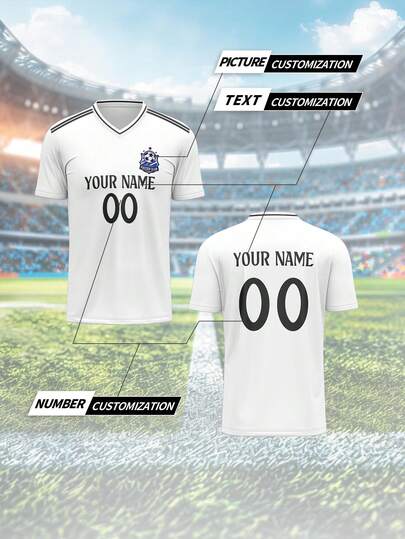 Skräddarsydd Real Madrid-tröja, andas och snabbtorkande 210g vår/sommar unisex sport-t-shirt, män Fitness Team Club Training V-hals fotbollsuniform med personligt namn, nummer, logotyp, Lämplig för avslappnad, fest, bekväm passform