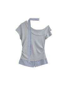 韩版格纹拼接斜肩二合一修身上衣配垂坠腰带 - 灰色 - 查看 2