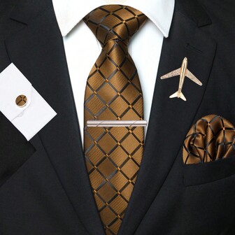 1/2/3/4/5개 남성 브라운 격자 무늬 실크 넥타이 세트, 넥타이, 포켓 스퀘어, 커프스 단추, 넥타이 클립 및 다양한 디자인의 브로치 핀 포함, 남성을 위한 훌륭한 선물, 결혼식, 비즈니스, 정장, 데이트, 연회, 웨딩 사진, 졸업 시즌 및 더 많은 경우에 적합한 남성 넥타이