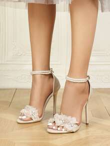 Giày sandal cưới cao gót trắng dành cho nữ, đính ngọc trai giả kiểu Pháp và trang trí hoa, giày cao gót thanh lịch, đa năng, phù hợp cho tiệc cưới của cô dâu. - Màu be - Xem 3