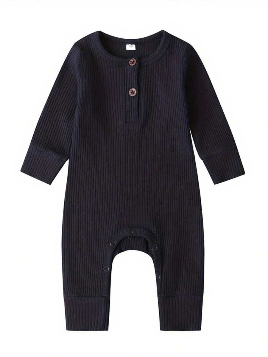 Newborn Baby Boy Girl Knitted Rib Romper Infant One Piece Jumpsuit Cotton Solid Long Sleeve  Bodysuit Basic Coming Home Outfits - Màu xanh hải quân - Xem 1