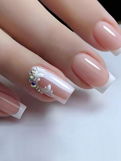 Juego de 24 piezas de gemas y adornos para uñas con estilo Y2K, uñas acrílicas postizas de forma cuadrada media con brillo súper brillante, puntas francesas rosas con patrones geométricos y de rayas, estilo de lujo y belleza, con brillantes de cristal, uñas postizas reutilizables para mujer en estilos dulces, lindos, minimalistas y elegantes, ideal para fiestas, citas, uso diario y eventos