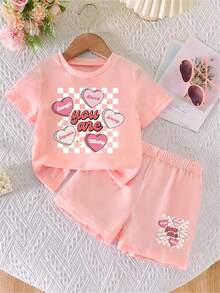 2pcs/Set Young Girls Casual Cute Everyday Outfit, Heart Print Round Neck Short Sleeve T-Shirt And Elastic Waist Shorts - Pink - View 1