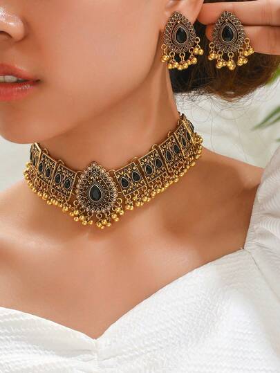 1pc Vintage Peacock Wing Rhinestone Water Drop Necklace & 1 Pair Vintage Teardrop Pearl Personalized Earrings, Stylish Jewelry Set Suitable For Women To Wear To Banquets Or Parties