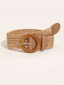 1pc/2pcs Plus Size Bohemian Round Wooden Buckle Hollow Out Straw Waist Belt, Suitable For Dresses, Beach Vacation, Party