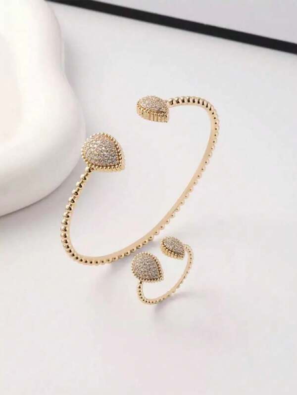 1 set de brazalete de gota abierto y anillo simple para mujer, enchapado en oro de 18K