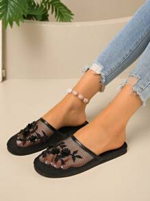 2025 New Handmade Beaded Slippers, Black High-End Slippers, Fashion House Slippers, Closed Toe Slippers, New Women's Bestselling Embroidered Breathable Mesh Round Toe Flat Slip-On Mules