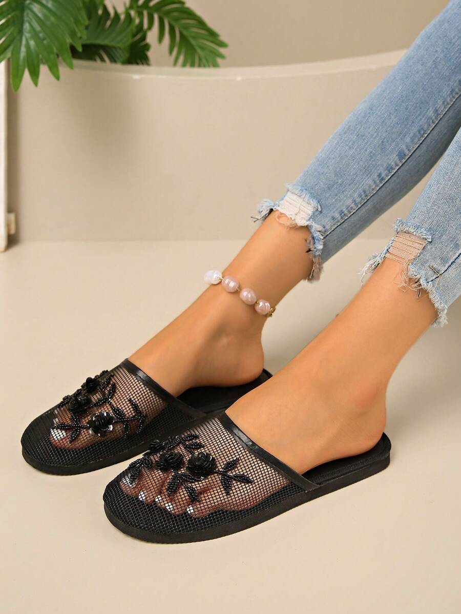 2025 New Handmade Beaded Slippers, Black High-End Slippers, Fashion House Slippers, Closed Toe Slippers, New Women's Bestselling Embroidered Breathable Mesh Round Toe Flat Slip-On Mules