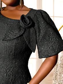 女士加大码玫瑰提花喇叭泡泡袖 A 字裙，适合通勤、优雅鸡尾酒半正式舞会礼服，适合生日、婚礼宾客、毕业典礼、晚宴、返校节 - 黑色 - 查看 8