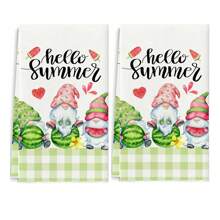 2 pièces Serviettes de toilette main gnome pastèque d'été, Serviette de cuisine rafraîchissante, Torchon, Gant de toilette, Serviette décorative pour les fêtes, Tissu doux et absorbant pour le séchage, Décoration de cuisine, Décoration de table à manger, Fournitures de cuisine, Décoration d'intérieur