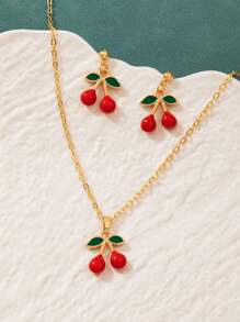 3pcs/Set Red Cherry Pendant Necklace & Earrings Jewelry Set, Cute & Sweet