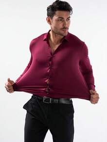 Traceless Knitted High-Elastic Iron-Free Men's Shirt Long-Sleeved Plain Top Stretch Ice Silk Business Casual High-End Men's Shirt Material 88% Polyester 12% Spandex Fabric Gram Weight 160g Single-Piece Pack - 酒紅色 - 查看 3