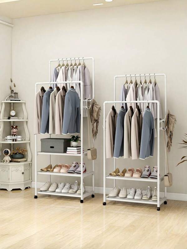 1pc Multi-Function Iron Dual-Layer Coat Rack, Shoe Rack, Storage Shelf, Movable & Easy To Assemble, Suitable For Living Room, Entrance, Bedroom, Study, Office, Holiday Gift, Christmas Gift