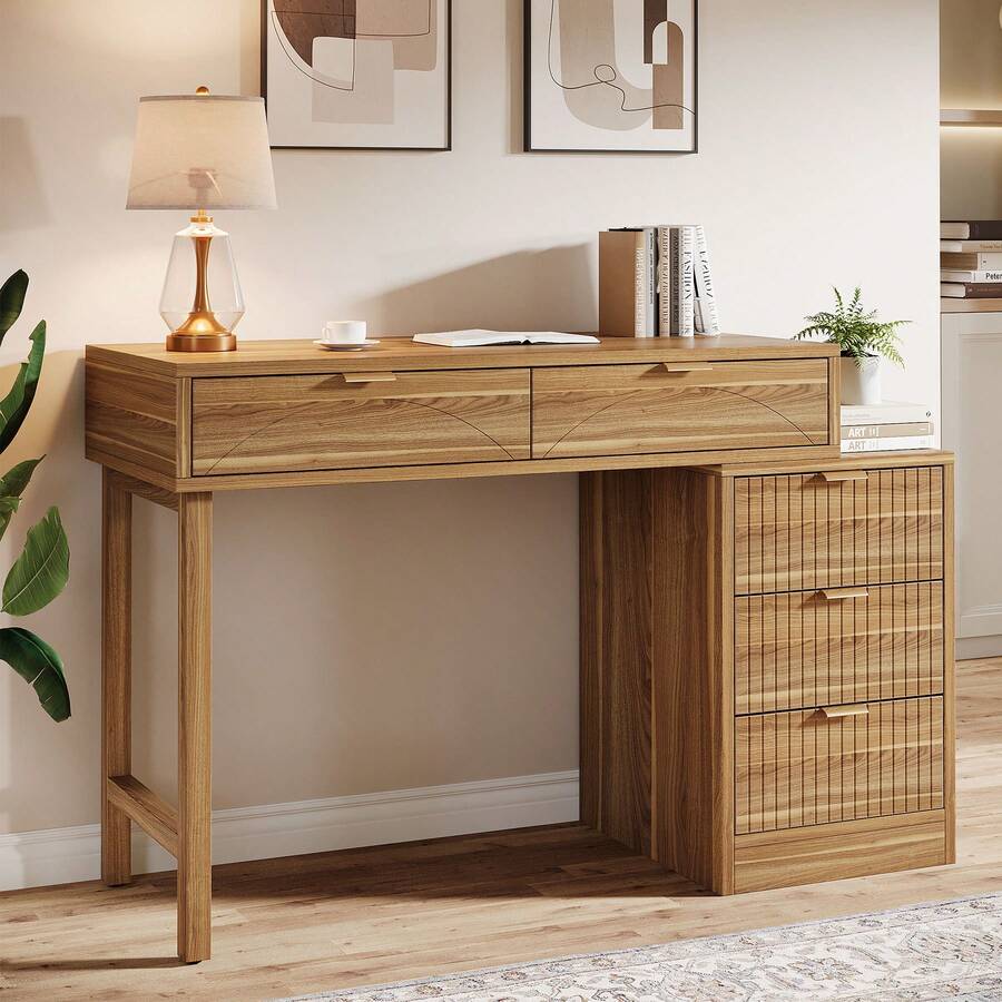 LITTLE TREE Computer Desk With 5 Drawers, Modern Reversible Home Office ...