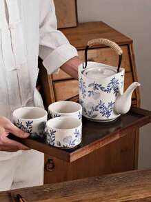 1 Set de tetera con taza de té de estilo japonés, con capacidad grande y asa con diseño floral, juego de té de porcelana blanca gruesa y vintage con filtro, tetera de cerveza de restaurante, de vuelta a la escuela