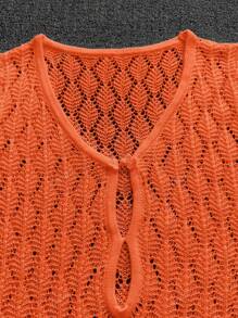Women's Summer Vacation V-Neck Sheer Mesh Hollow Out Knot Button Crochet Long Sleeve Cover Up Sexy Solid Color Bodycon Mini Knit Beach Bikini Dress, Spring Fall