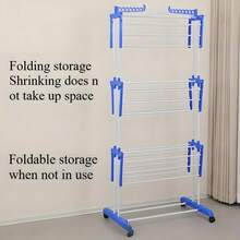 Movable Rolling Clothing Drying Rack, Adjustable Multi-Tier Laundry Air Dryer Rack, Space Saving Foldable Garment Stand For Towels, Socks, Pants, Shirts - Blue and White - View 7