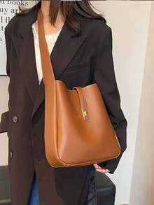 New Fashion Solid Color Tote Bag, Large Capacity Bucket Bag, Casual All-Match Shoulder Bag, Commute & Work Suitable - Brown - View 11