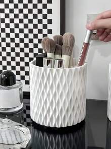 1pc 360° Rotating Makeup Storage Box, Large Capacity Makeup Brush Holder With Dividers, Suitable For Brushes, Lipsticks, Eyebrow Pencils And Eye Shadows, White/Grey Plastic, Convenient For Vanity Or Bathroom,For Holiday Beach, Bathroom Collection, Bedroom Collection, Large Capacity