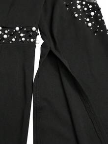 Women Elegant Full Sleeve Sparkling Pearls Rhinestone Birthday Evening Party Dress, Formal, Gown, For Wedding Guest - Black - View 6