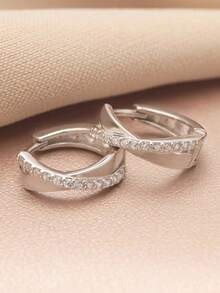 1 Pair Fashionable Luxury Brass Micro-Inlaid Zirconia Crossed Circle Hoop Earrings, Simple Versatile Elegant Design Suitable For Women's Daily Wear - Antique Silver - View 4