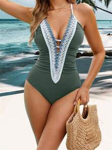 Women's Summer Tankinis Swimsuit Crochet Contrast Color Sleeveless V-Neck Bodysuit Bathing Suit - 軍綠色 - 查看 3