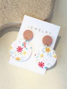 1 对女士可爱雏菊花印花陶瓷效果优雅圆形亚克力耳环