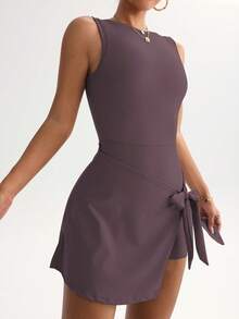 FWH 二合一防走光休闲优雅高尔夫网球无袖日常基本款新款时尚收腰高端修身性感紧身学院风露背紧身运动健身系腰瑜伽连衣裙 - 紫色 - 查看 6