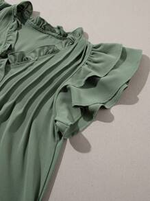 Acelitt Summer Fog Green Ruffled Sleeves V-Neck Ruffled Casual Dress