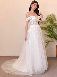 舞会礼服/公主款拖尾薄纱蕾丝婚纱，情人节 - 米色 - 查看 7