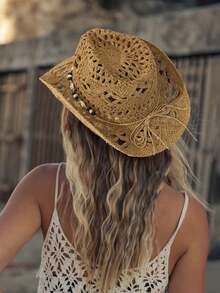 One Size Women's Handmade Braided Sun Hat With Hollow-Out Flower Pattern, Bowknot & Adjustable Chin Strap, Wire-Edged Brim, Perfect For Sunscreen, Outdoor Activities And Fashionable Daily Wear. Boho - Khaki - View 2