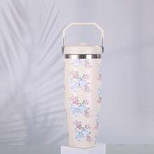 1pc Floral Stainless Steel Vacuum Insulated Travel Mug, Large Capacity Outdoor Cup