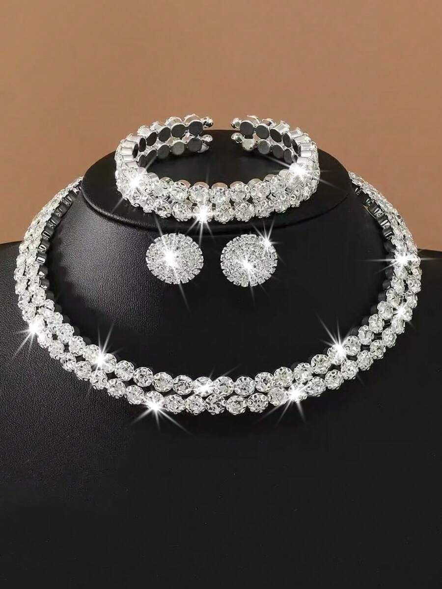 4pcs/Set Luxury Double Row Cubic Zirconia Full Rhinestone Bridal Jewelry Set, Necklace, Earrings, Bracelet, Suitable For Wedding, Party, Prom, Eid Al-Adha - Silver - View 1