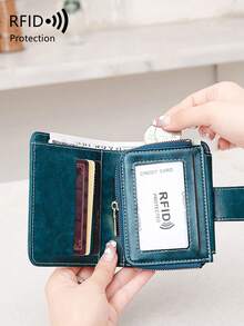 MIYIN 复古油蜡女士钱包，RFID 防盗短款三折钱包，带信用卡夹层，时尚按扣零钱包带拉链口袋，商务休闲，教师节礼物，周年纪念日礼物，生日礼物，女士钱包，白领女士钱包，钱包，小钱包，RFID 防盗钱包 - 水鴨藍 - 查看 10