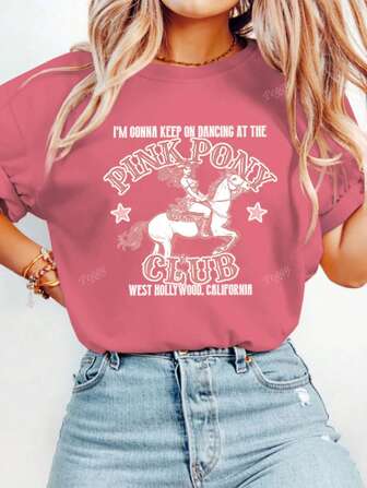 T-shirt décontracté à manches courtes pour femmes avec imprimé Cute Pink Pony Club, cavalière de princesse western vintage et lettrage