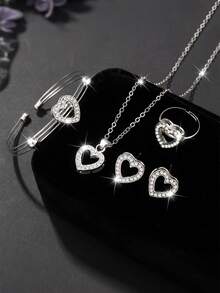 Bộ trang sức kim cương hợp kim hình trái tim 5 món, bao gồm dây chuyền, vòng tay, nhẫn, hoa tai, thích hợp cho bé gái đeo, thiết kế đơn giản và thanh lịch, thích hợp để đeo hàng ngày hoặc làm quà tặng, lễ Tạ ơn, trở lại trường, mùa tốt nghiệp - Nhiều màu - Xem 8